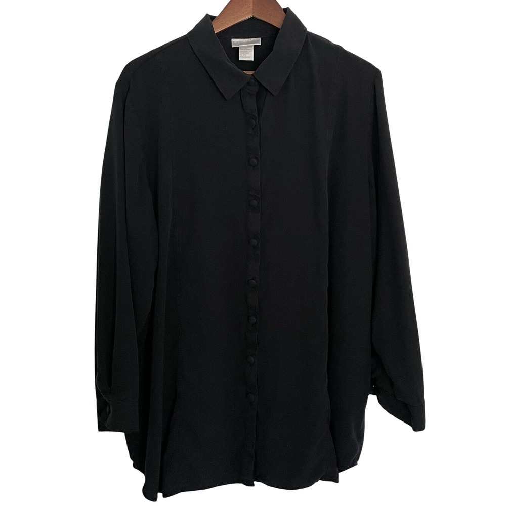 Soft Surroundings 2X 100% Silk Tunic Blouse Black Button Up Lagenlook Minimalist